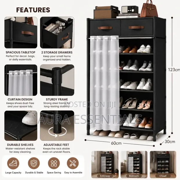 Modern Shoe Storage Rack with Drawers & Curtain - 1