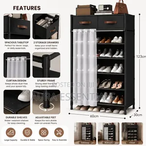 Modern Shoe Storage Rack with Drawers & Curtain
