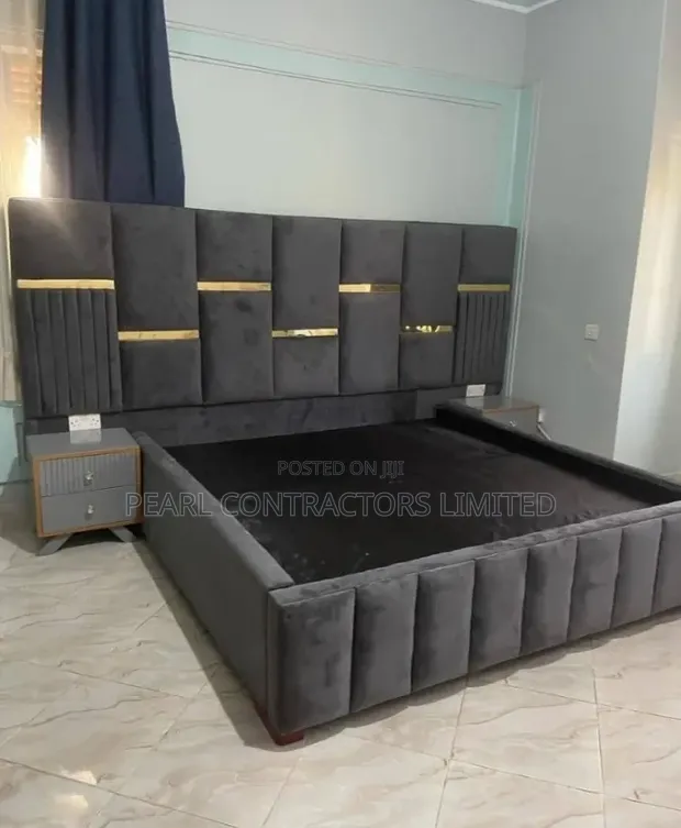 Upholstered Bed with Gold Strips and Side Tables - 1