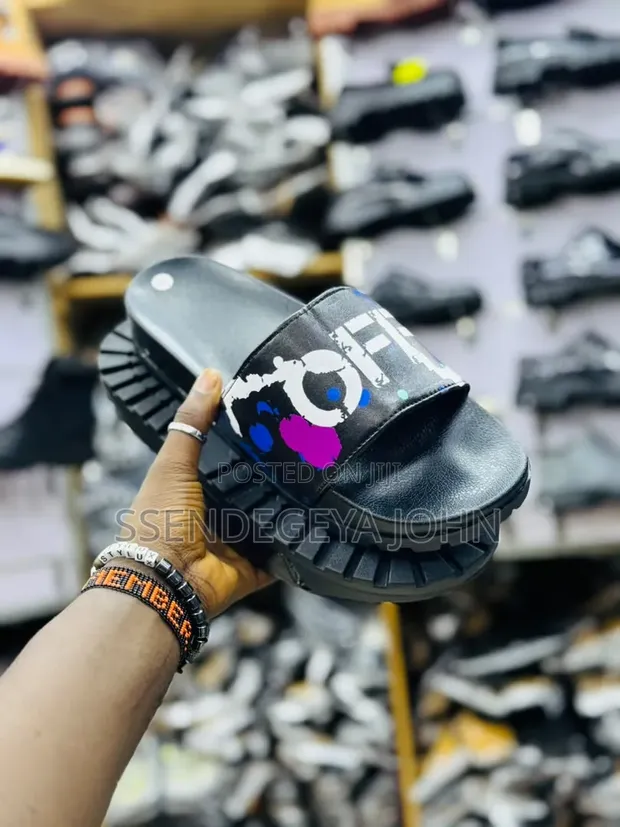 Black Slide Sandals with "Get to the Bag" Print - 1