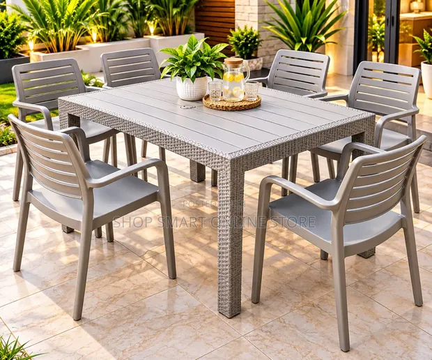 6 Seater Stackable Plastic Dining Table and Chairs - 1