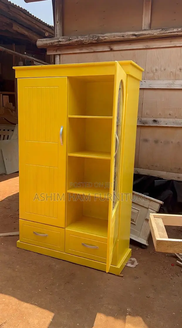 Kids Yellow Wardrobe - Double Door with Mirror & Drawers - 1