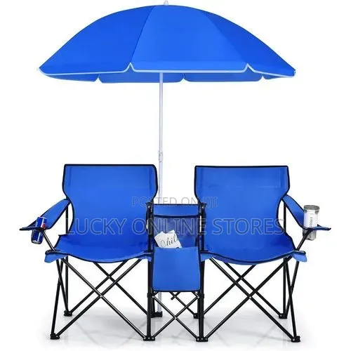 Costway Portable Folding Picnic Double Chair with Umbrella & Cooler - 1