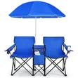 Costway Portable Folding Picnic Double Chair with Umbrella & Cooler - 1