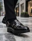 Classic Men's Black Patent Leather Double Monkstrap Loafers - 2