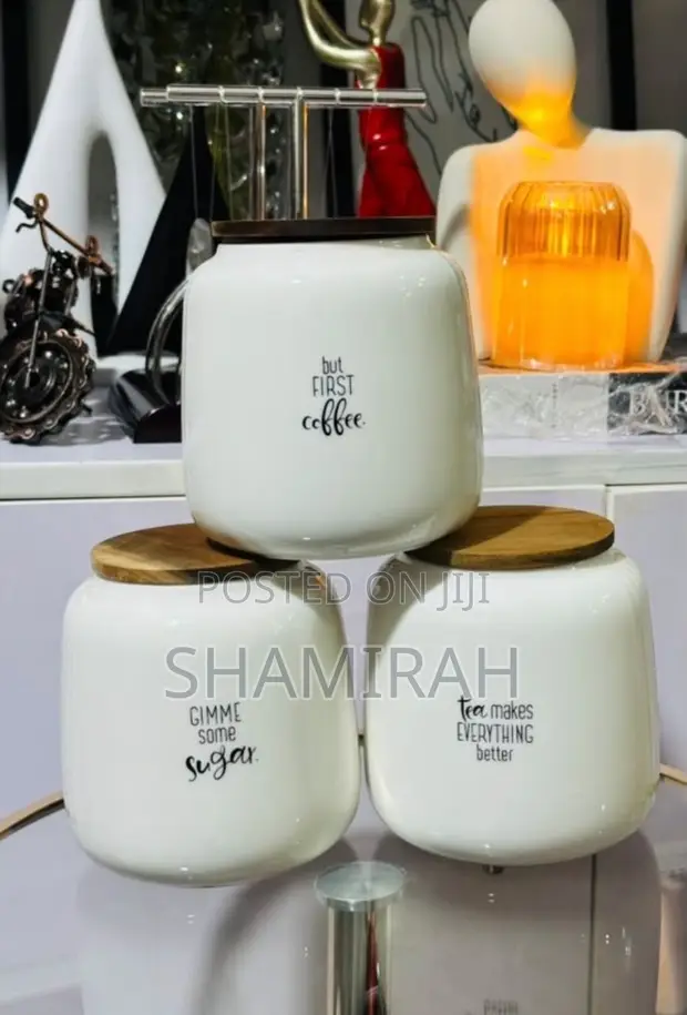 Ceramic Coffee, Sugar, Tea Jars Set with Wooden Lids - 1