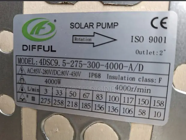Difful Hybrid AC/DC Water Pump - 275m Head, 2" Outlet - 1