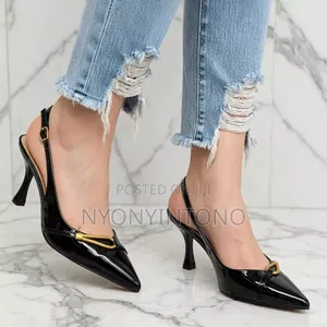 Patent Sling Back Kitten Heel with Gold Buckle