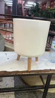 Cylindrical White Planter with Wooden Legs - 1