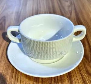Porcelain Double-Handled Soup Cup with Saucer