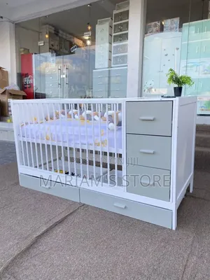 White and Grey Convertible Baby Crib with Drawers