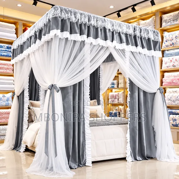 Luxury Grey & White Canopy Bed Curtain Set with Lace - 1