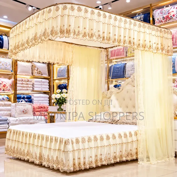 Luxury Cream 2-Poster Bed Canopy with Embroidered Lace - 1