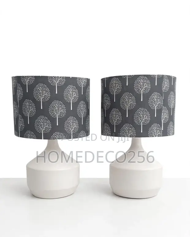 Pair of Modern Ceramic Table Lamps - White Base, Grey Tree Shade - 1