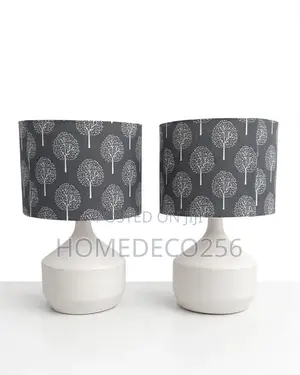 Pair of Modern Ceramic Table Lamps - White Base, Grey Tree Shade