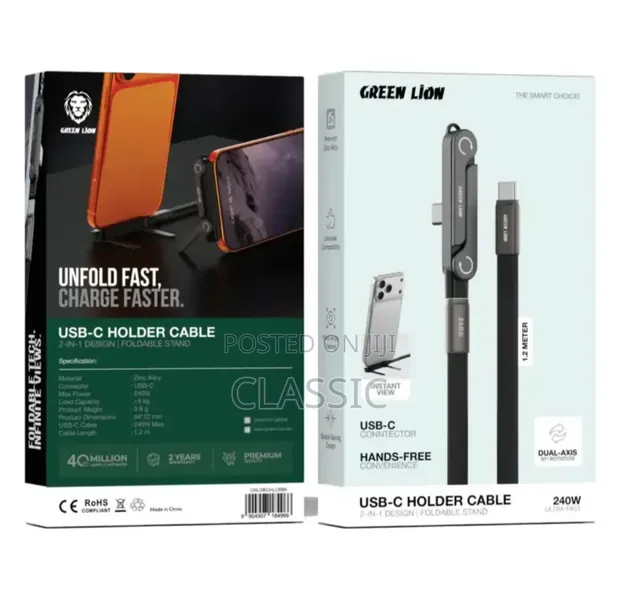 Green Lion 2-in-1 USB-C Holder Cable 240W 1.2m - 1