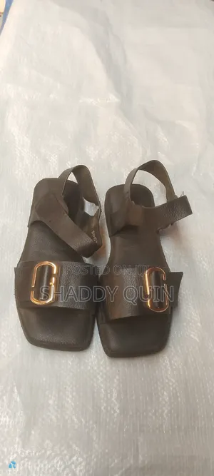 La Ladies Black Flat Sandals with Gold Buckle - Size 36.5
