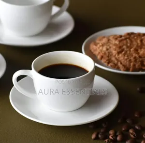 White Ceramic Espresso Cups and Saucers Set - 6 Cups, 6 Saucers