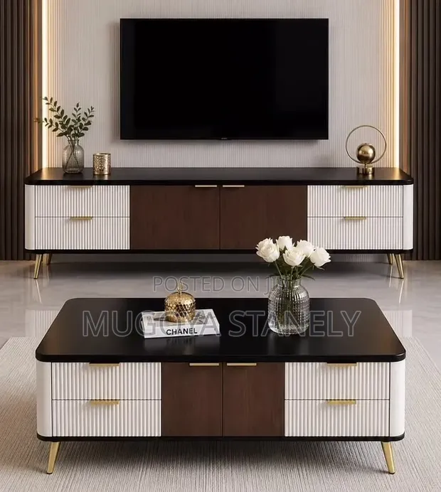 Black Top Center Table and TV Stand - 1