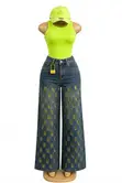 Chic Denim Set: Wide Leg Jeans with Neon Green Tank Top - 2