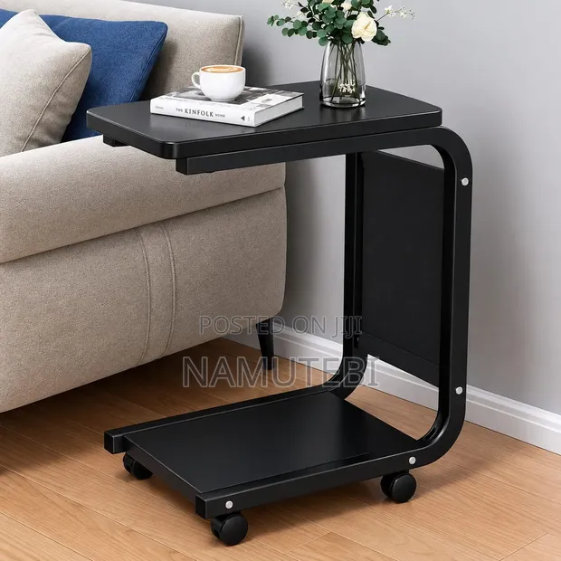 New C-Shaped Sofa Side Table with Wheels - Black - 1