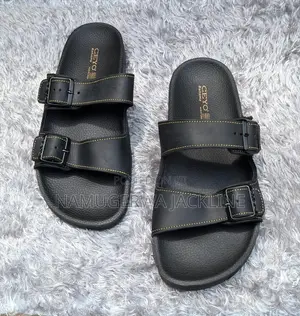 Leather Double Buckle Slide Sandals - Black