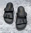 Leather Double Buckle Slide Sandals - Black - 2