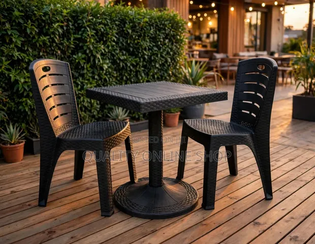 Matching Black Plastic Dining Table and Chairs Set - 1
