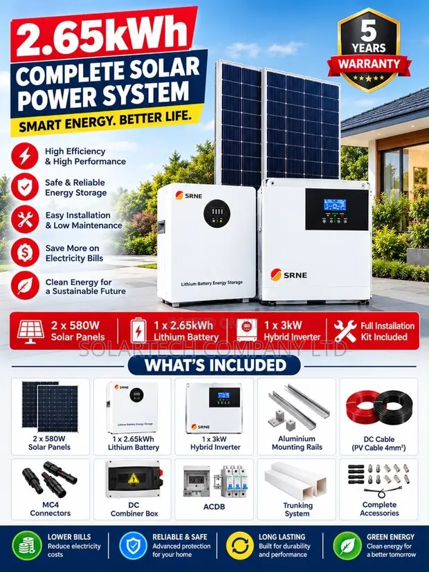 SRNE 3kW Solar System with 2x580W Panels & 2.65kWh Battery - 1