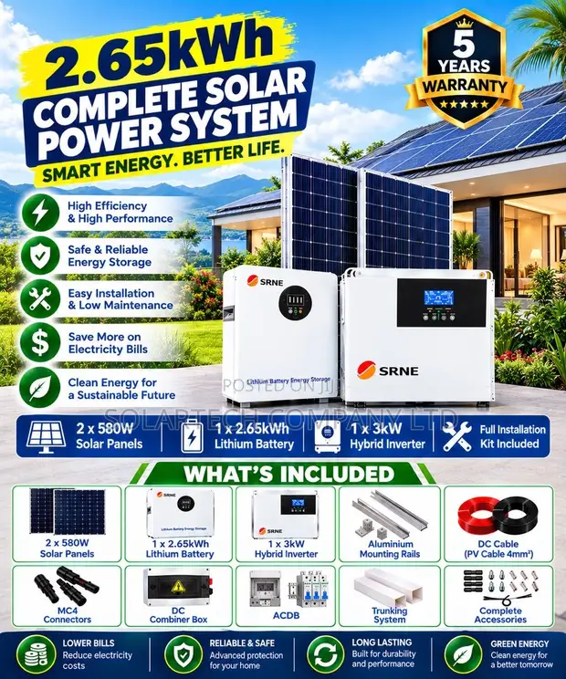 SRNE Complete 3kW Solar Package - 24V Lithium Battery - 1