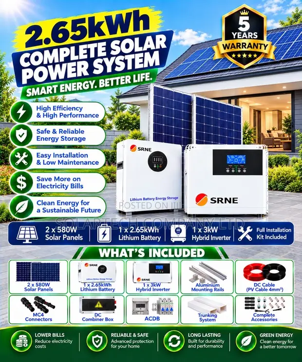 SRNE 2.65kWh Solar Power System - 3kW Hybrid Inverter Kit - 1