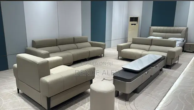 Modern Beige Leather Electric Reclining Sofa Set - 1
