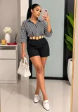 Women's Striped Shirt & Shorts Set with Belt - 2