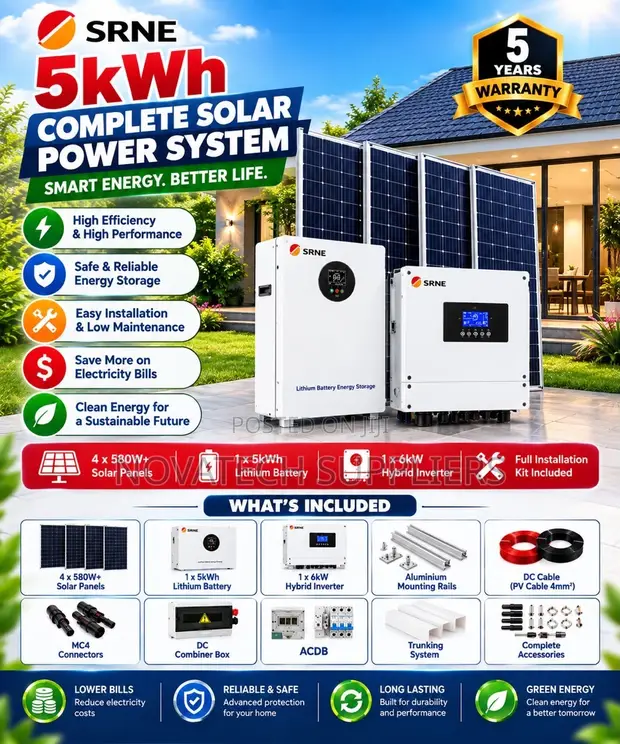 SRNE 5kW Complete Solar System - 5kWh Battery, 4x580W Panels - 1