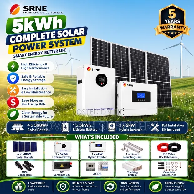 SRNE 5kW Solar Kit - 5kWh Lithium Battery + 2.32kW Panels - 1