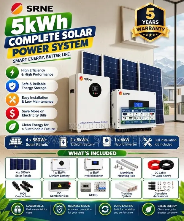 SRNE 5kW Hybrid Inverter + 5kWh Lithium Battery Solar System - 1