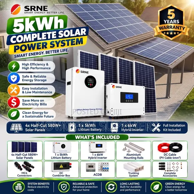SRNE 5kW Complete Solar Kit - Lithium Battery, Panels - 1