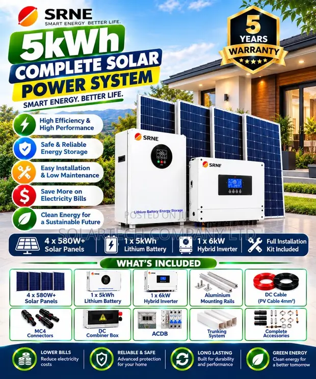 SRNE 5kW Complete Solar System - 5kWh Battery, 4x580W Panels - 1