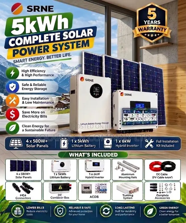 SRNE 5kW Solar Kit - 5kWh Lithium Battery + 2.32kW Solar Panels - 1