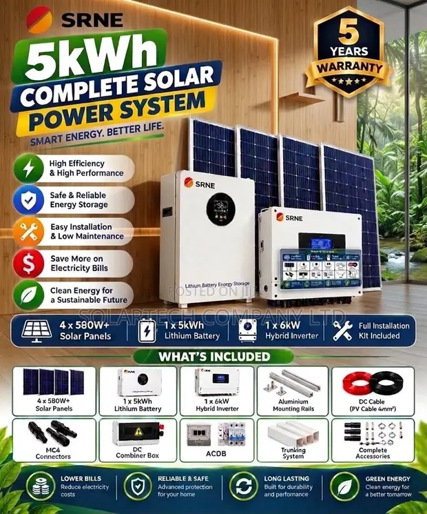 SRNE 5kW Solar Backup System - 5kWh Battery, 4x580W Panels - 1