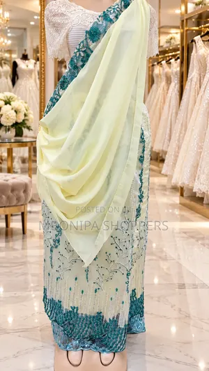 Elegant Cream Teal Embroidered Mushanana Dress