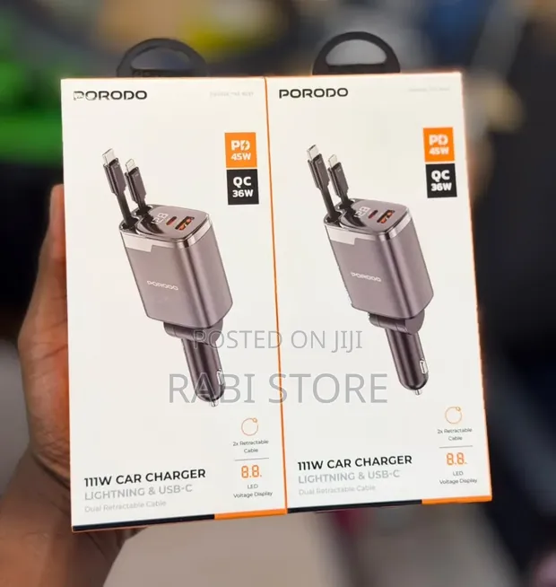 Porodo 111W Car Charger with Dual Retractable Lightning & Type-C Cables - 1