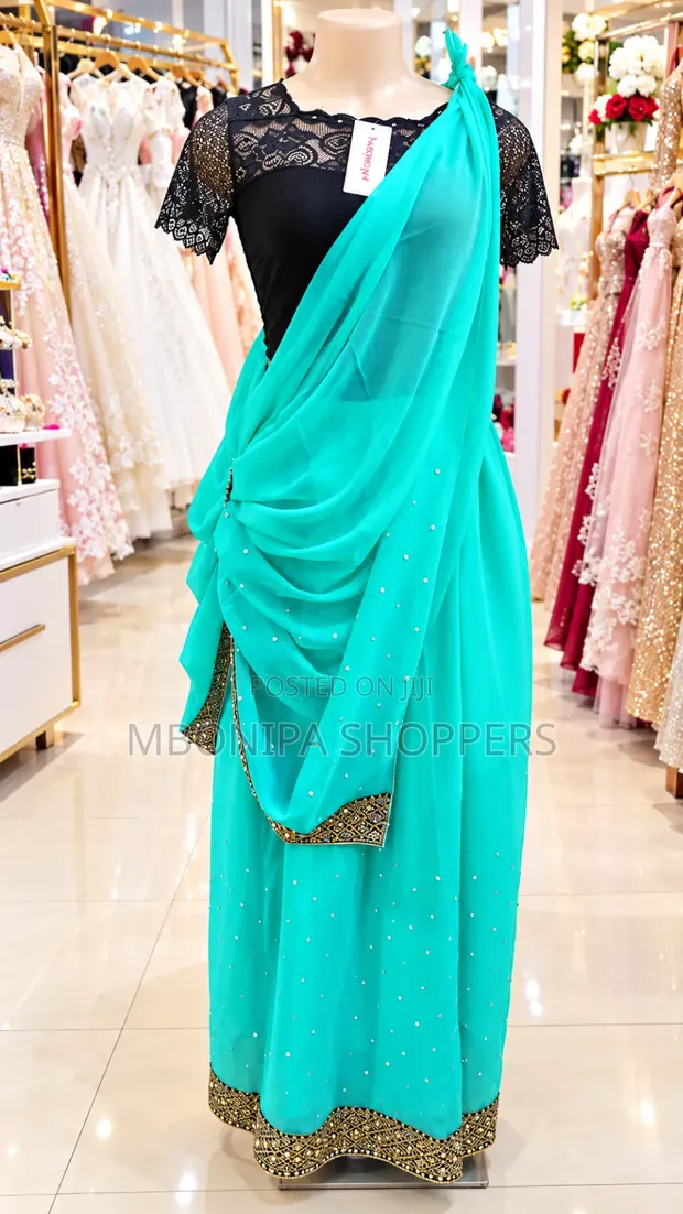 Elegant Turquoise Mushanana with Black Lace Blouse - 1