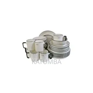12-Piece Black Line Design Dinner Set - Cream