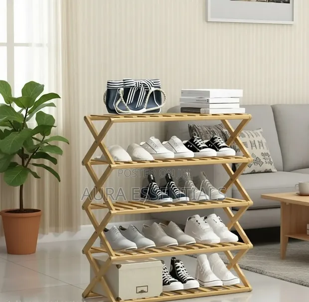 5-Tier Folding Wooden Shoe Rack Organizer - 1