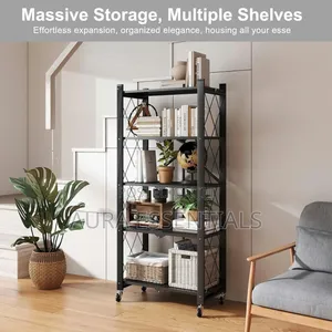 5-Tier Black Metal Foldable Storage Rack with Wheels