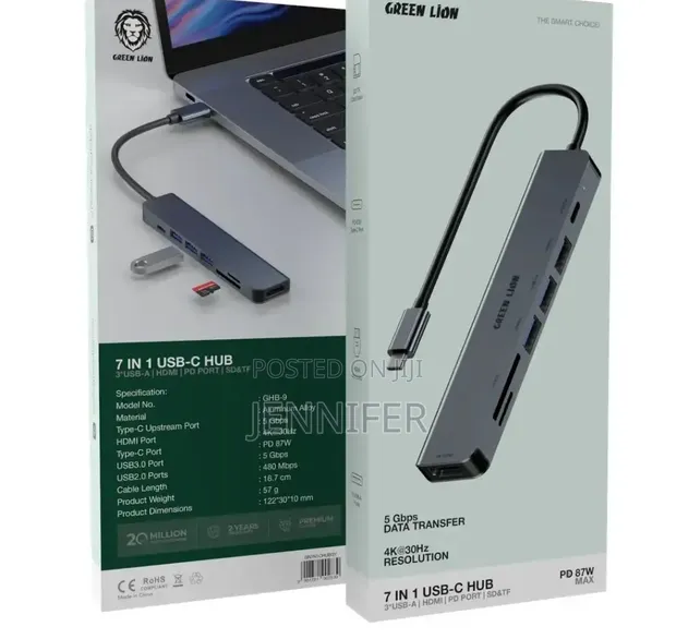 Green Lion 7-in-1 USB-C Hub - Gray - 1