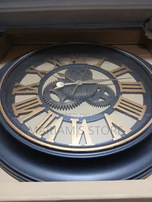 Large Vintage-Style Wall Clock - Black Frame, 3D Gold Roman