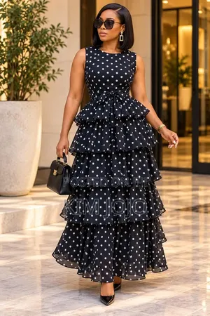 Long Sleeveless Dresses with Dotted Prints