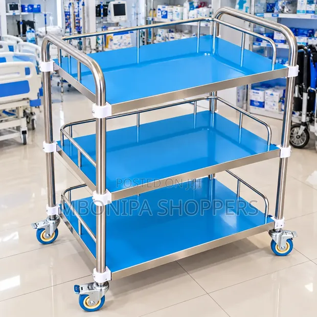 3-Tier Stainless Steel Medical Utility Trolley - Blue - 1